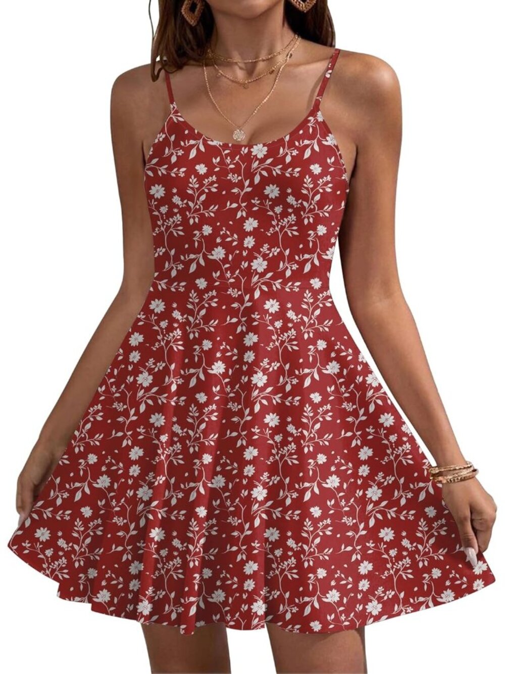 Women's Red White Floral Summer Dress Spaghetti Strap Floral Mini Casual Dress
